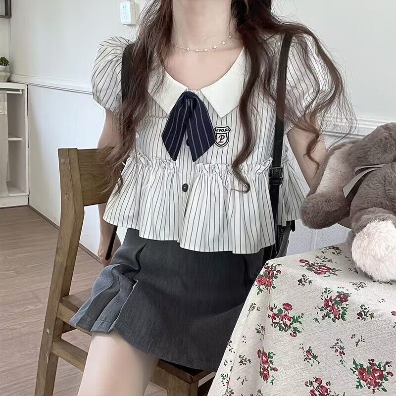 ญี่ปุ่นหวานสไตล์ P reppy เสื้อคอปกตุ๊กตาผู้หญิงฤดูร้อนการออกแบบใหม่ความรู้สึกพัฟแขนนักเรียนสไตล์เกาหลีเสื้อทุกการแข่งขัน