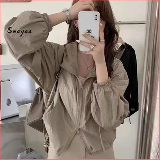 🧥แจ็คเก็ตสั้นผู้หญิง สีทึบ ดีไซน์หรู เนื้อบางเบา ดรอว์สตริง ปรับเอวได้ ใส่ได้ทุกวัน กันลม ราคาถูก M L【SY】
