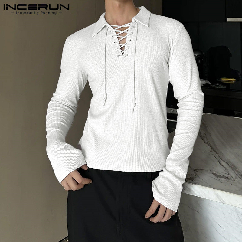 Incerun ผู้ชายเกาหลีลําลองปกสีทึบแขนยาวเสื้อยืดผูกเชือก