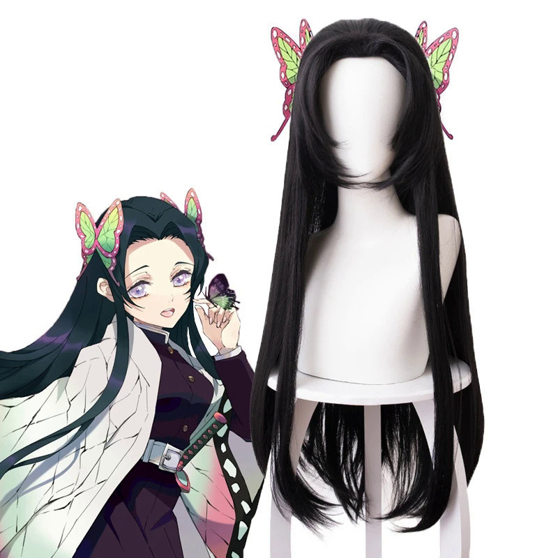 Kochou Kanae Wig Anime Kimetsu no Yaiba Cosplay Synthetic Black Long Hair Butterfly Headwear Hallowe