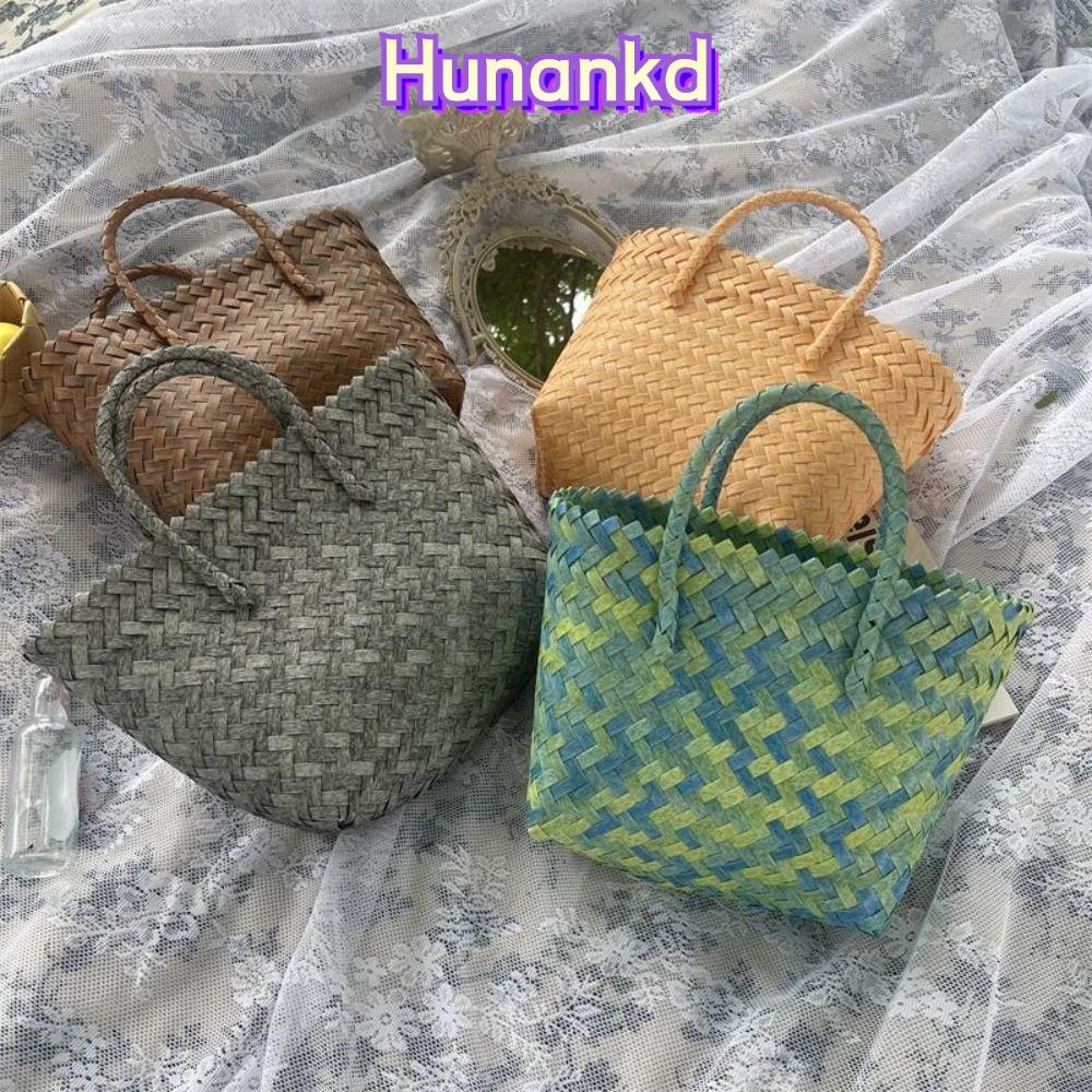 กระเป๋าถือผ้าทอผู้หญิง HUAN,ตะกร้าเก็บหวายเทียม Tote Beach Bag, Casual Large Capacity Handmade Travel Shopping Bag