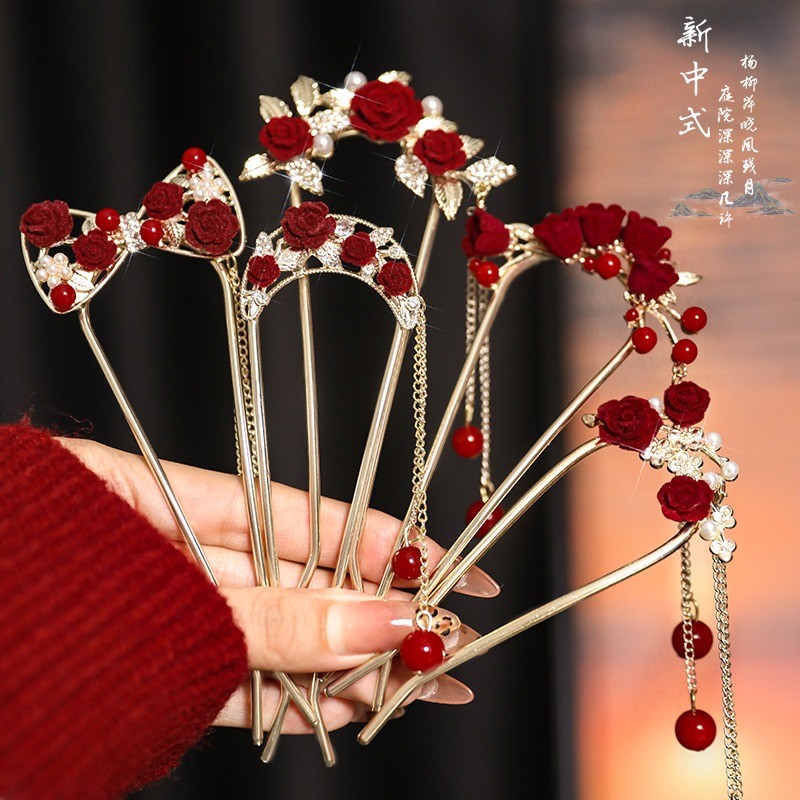 ฤดูใบไม้ร่วงฤดูหนาว Rose พู่ U-Shaped Hairpin สูง-End รู้สึกสุภาพสตรี Hairpin