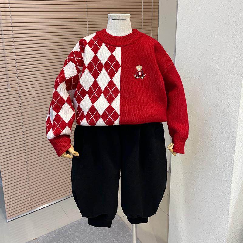 [พร้อมสต็อก] ชายเสื้อกันหนาวสีแดงเด็กสไตล์เกาหลีเสื้อกันหนาวเสื้อสวมหัวคริสต์มาสเทศกาลฤดูใบไม้ผลิปีใหม่ขนาด80-130