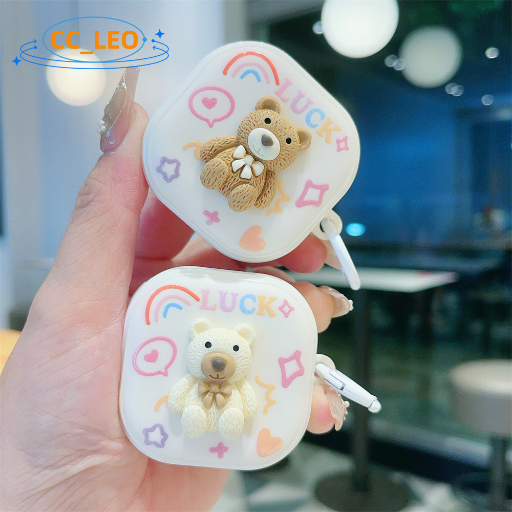 For Samsung Galaxy Buds FE Case Galaxy Buds2 Pro Silicone Soft Case Cartoon Bear Cute Shockproof Shell Case Buds Pro/Buds Live Protective Cover Solid Color Metal Finger Ring