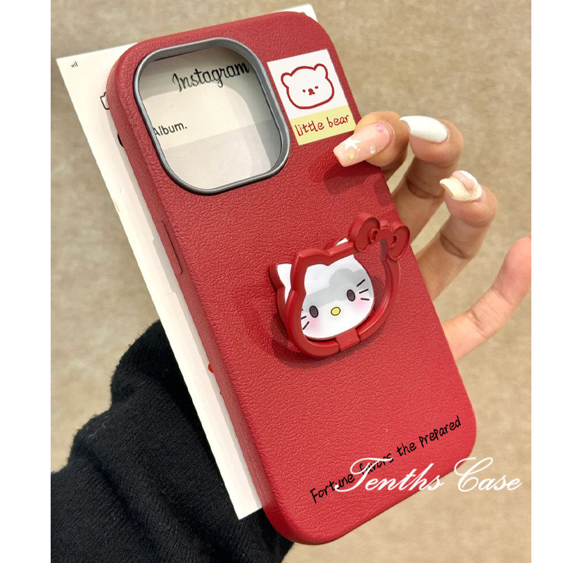 สําหรับiphone 16 15 11 12 13 14 Pro Max Xr X Xs Max 6 7 8 Plus SE 2020 หรูหราน่ารักKittyวงเล็บหนังGRAINedกรอบโลหะเคสโทรศัพท์ปกอ่อน