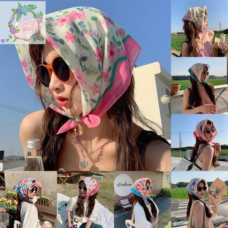 Pucool นุ่มดอกไม้ขนาดเล็กผ้าพันคอผ้าฝ้าย 58x58 ซม.ผู้หญิงแฟชั่น Headscarf อุปกรณ์เสริม TH