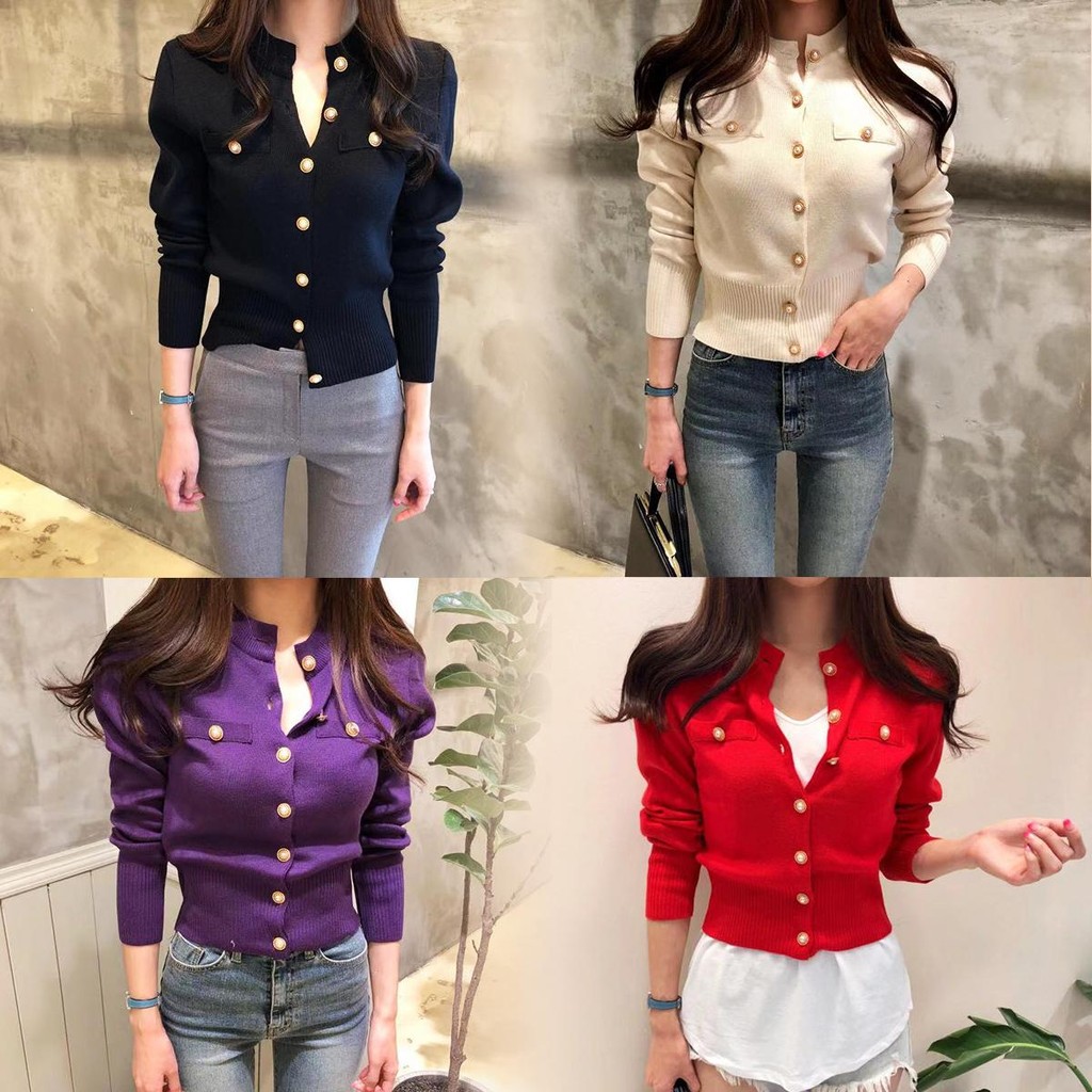 KOKO-เสื้อคาร์ดิแกนถักแขนยาวสีแดงของผู้หญิง คอลูกเรือ กระดุมแถวเดียว เสื้อถักสีแดงสไตล์เรโทร #8016