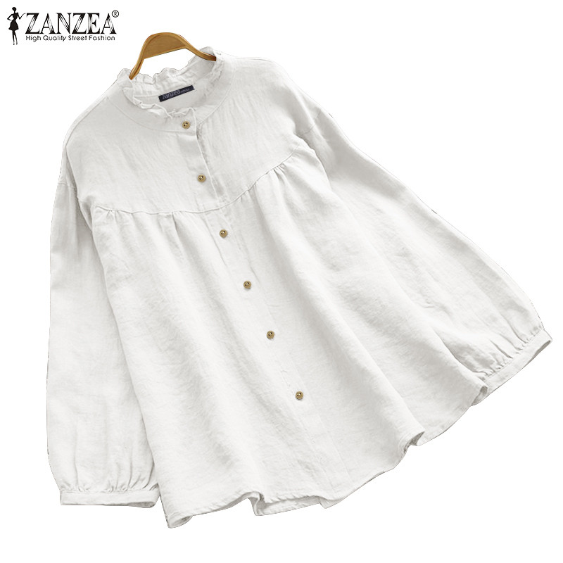 ZANZEA ซานเซีย ผู้หญิงเกาหลีลําลองแขนยาวคอตั้งเสื้อเชิ้ตสีพื้นหลวม