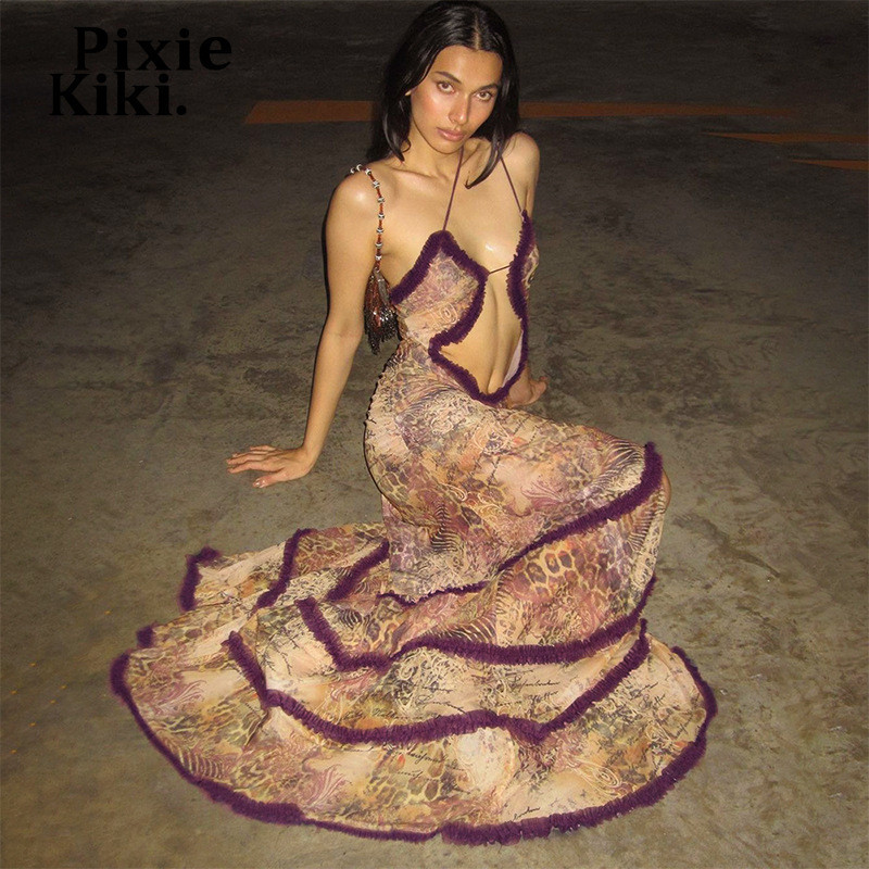 YPixiekiki ชุดเดรสยาวคล้องคอเปิดหลังสำหรับผู้หญิง Y2k 2000s สวยงามพิมพ์ลายชุดปาร์ตี้เซ็กซี่ชุด C85-I