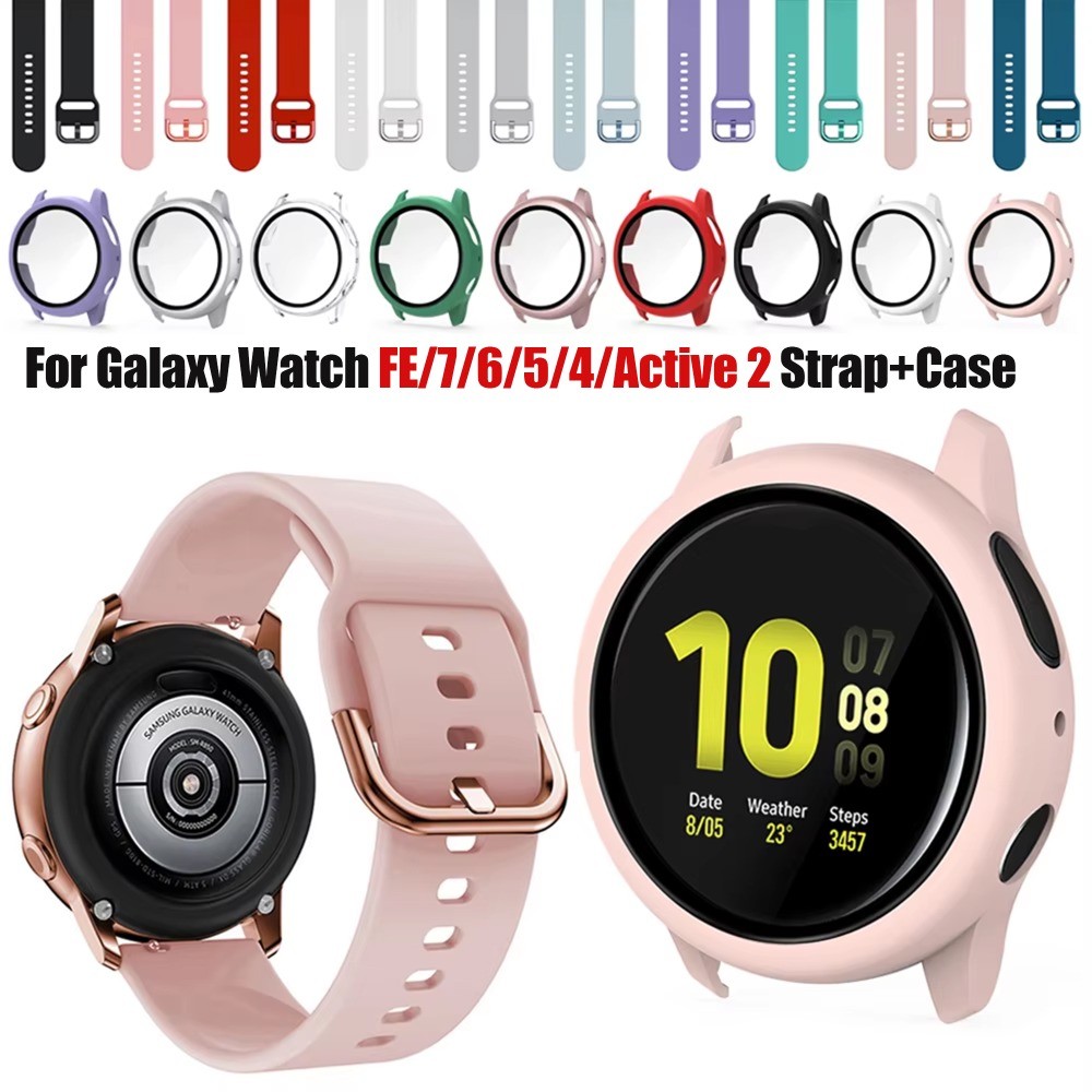 สายรัดซิลิโคน + สําหรับ Samsung Galaxy Watch FE/6/5/4 40 มม.44 มม.สร้อยข้อมือกระจกนิรภัยป้องกันหน้าจอสําหรับนาฬิกา Active2 40 มม.