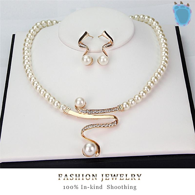 [PA] ใหม่ผู้หญิงเจ้าสาวงานแต่งงานเพิร์ล Rhinestone สร้อยคอต่างหูชุดเครื่องประดับ TH