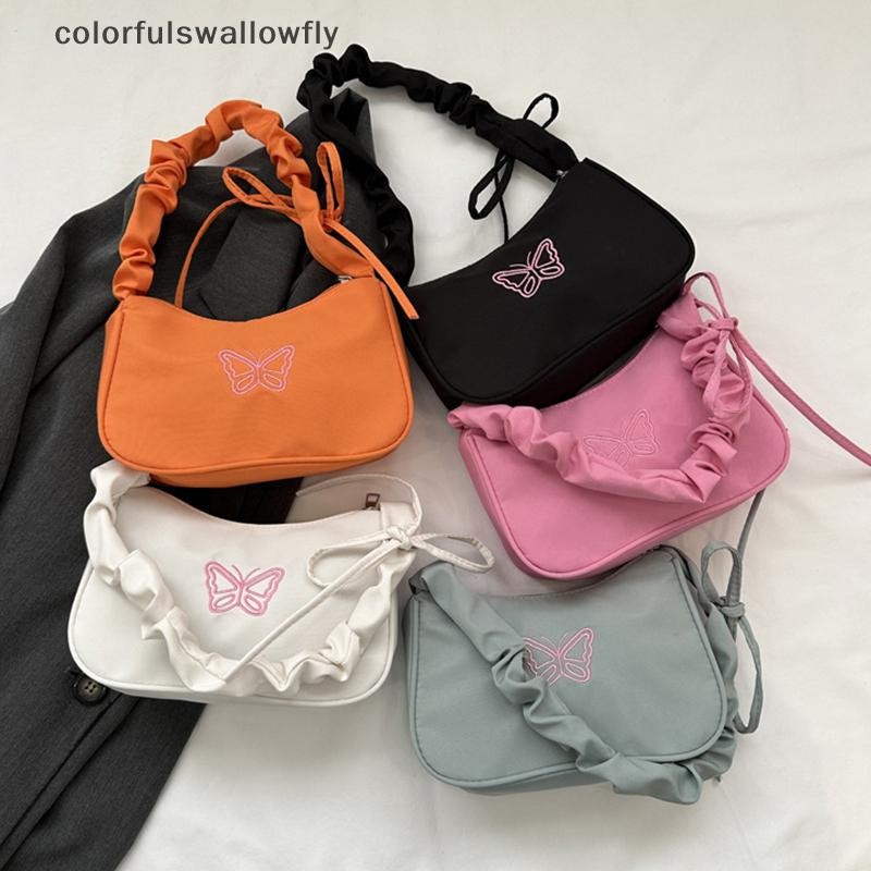สีสันswallowfly น่ารักปัก Bowknot ผีเสื้อไหล่กระเป๋าผู้หญิงกระเป๋าถือครึ่งดวงจันทร์ใต้วงแขนกระเป๋าแฟชั่น Oxford ไนลอน Bow Tote กระเป๋า COD