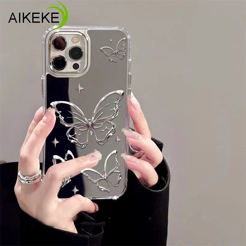 เงินผีเสื้อกระจกเครื่องสําอางฝาครอบโทรศัพท์สําหรับxiaomi Poco C61 C51 C50 C40 C31 X6 F6 F5 M6 Redmi 