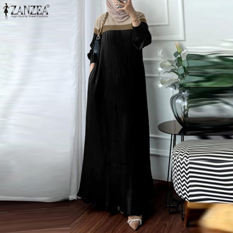 Zanzea ผู้หญิงมุสลิมแขนยาว Contrast สี Pleating Slit กระเป๋าชุดแฟชั่น