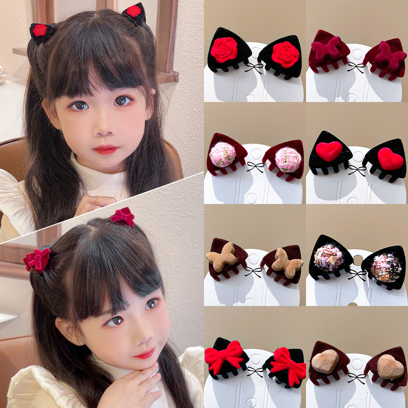 2 ชิ้น Flocked คลิปด้านข้างเจ้าหญิงกิ๊บติดผมหูแมว Bangs Small Grabber คลิป