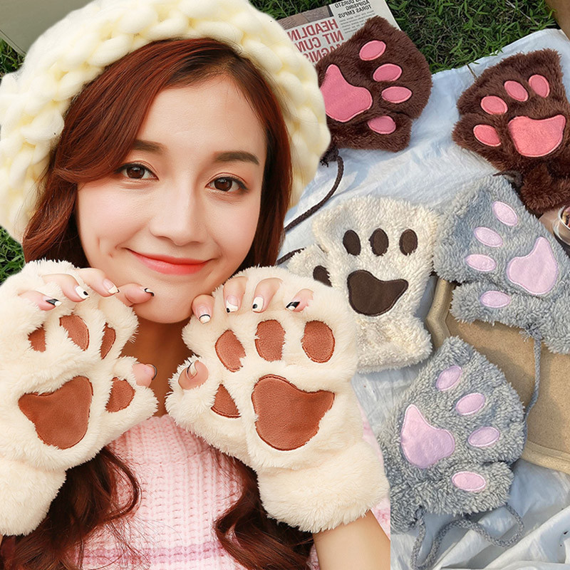 ผู้หญิงแมวน่ารัก Claw Paw Plush Mittens Warm Soft Plush สั้น Fingerless Fluffy หมีถุงมือแมวเครื่องแต่งกายครึ่งนิ้ว
