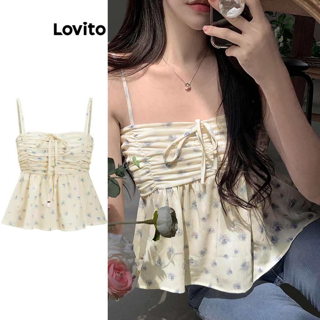 Lovito เสื้อกล้าม โบโฮ ดิทซี่ ดอกไม้ ผูกเชือก แต่งจีบย่น สำหรับผู้หญิง L95ED132