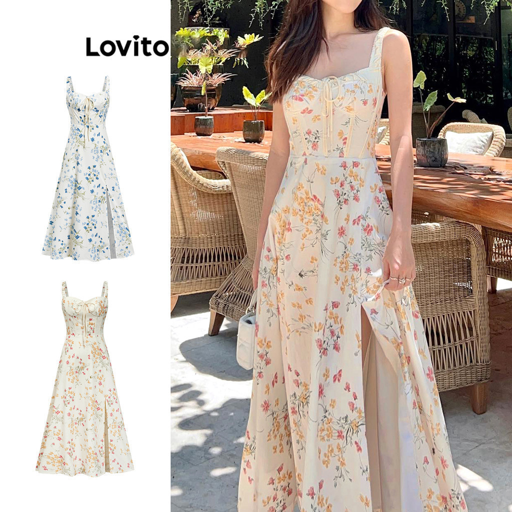 Lovito ชุดเดรสผู้หญิง เย็บตีเกล็ดหน้า พิมพ์ลายดอกไม้ สไตล์หรูหรา L87ED006(หลากสี)