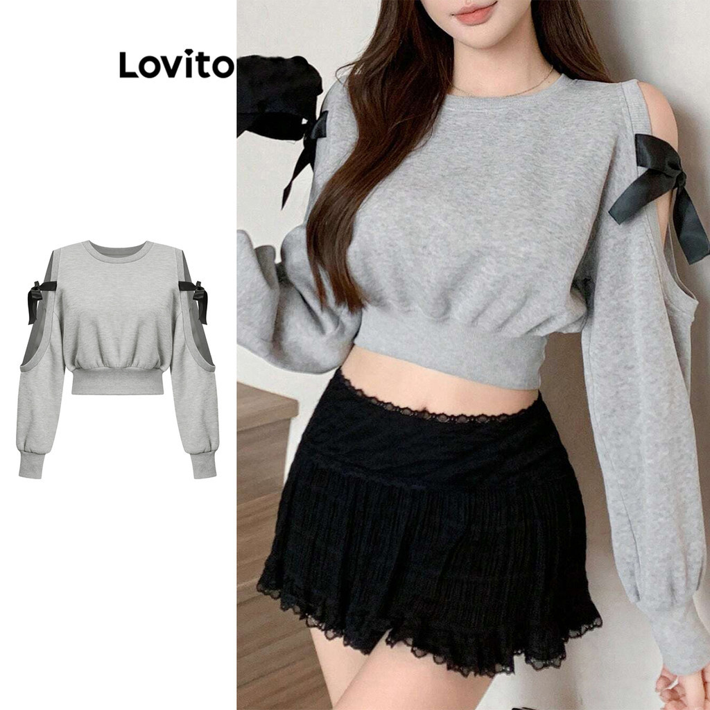 Lovito เสื้อสเวตเตอร์ลำลองโบว์ธรรมดาตัดออกลูกไม้ขึ้นเสื้อสเวตเตอร์สำหรับผู้หญิง L106AD460