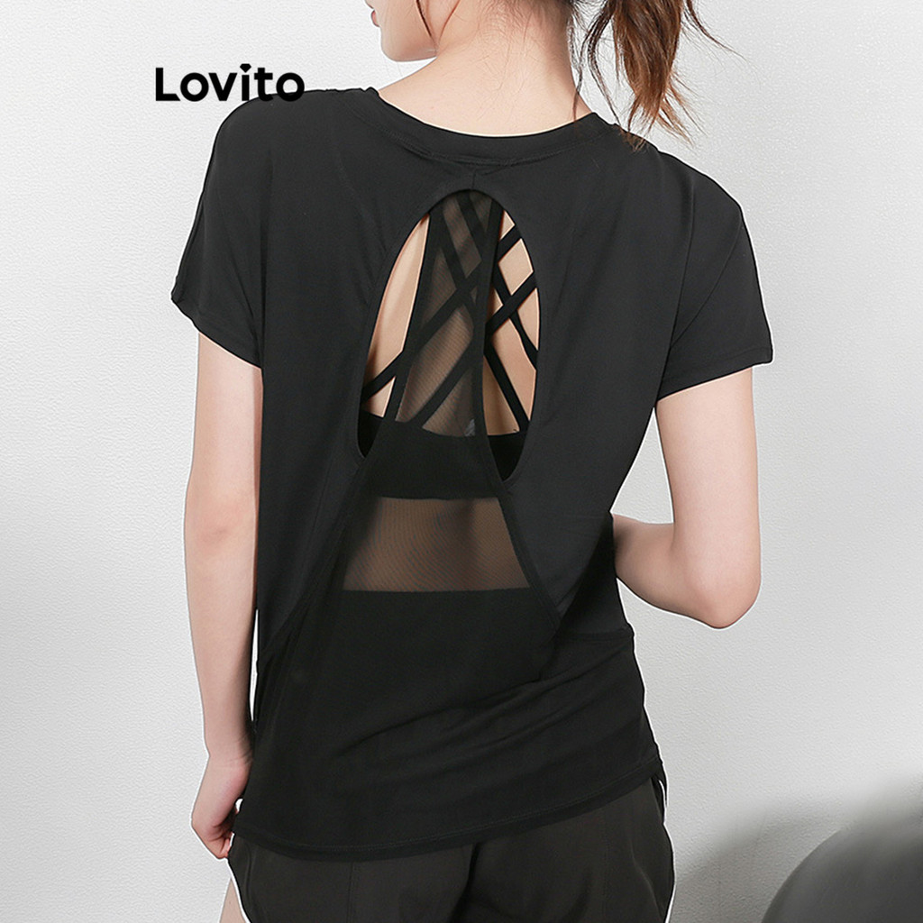 Lovito เสื้อยืดกีฬาสำหรับผู้หญิงแบบสปอร์ตธรรมดาคัตเอาท์เสื้อยืดกีฬาสำหรับผู้หญิง LNL83009