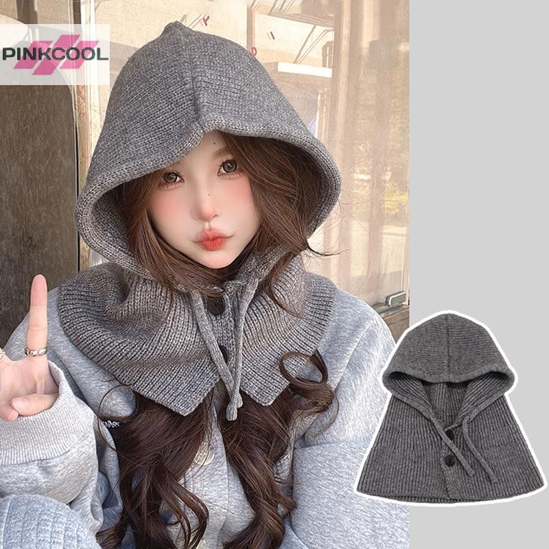 Pinkcool ฤดูหนาวหมวกไหมพรมอบอุ่นถักหมวกผู้หญิงหมวกสีทึบชิ้นเดียวคอเสื้อสวมหัวหมวกแคชเมียร์กลางแจ้งร้อน