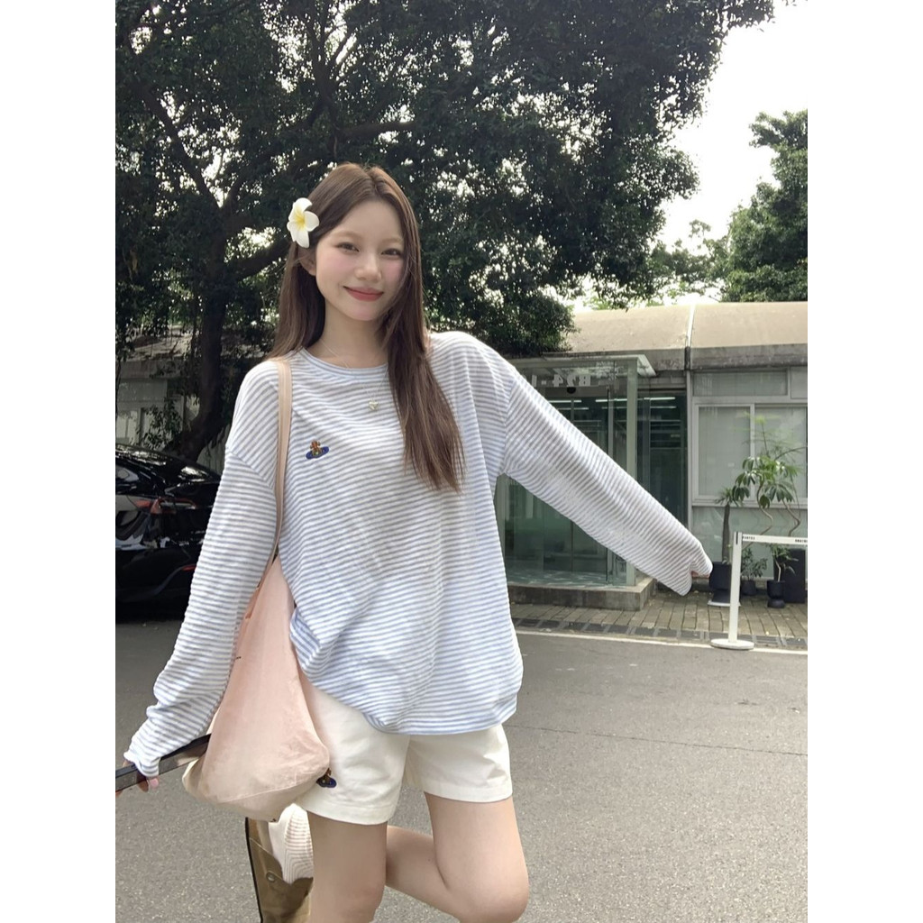ผ้าเดิม เสื้อยืดแขนยาวลายทางคลาสสิกสำหรับผู้หญิง ฤดูร้อน บาง ป้องกันแสงแดด เสื้อหลวม 0Z4U