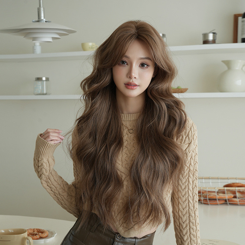7jhh WIGS ฤดูร้อนผลิตภัณฑ์ใหม่ Influencer Full หมวกวิกผมหญิงยาวผมหยิก Big Wave สีคาราเมลเสื้อสวมหัวเส้นใยเคมีจําลองผม