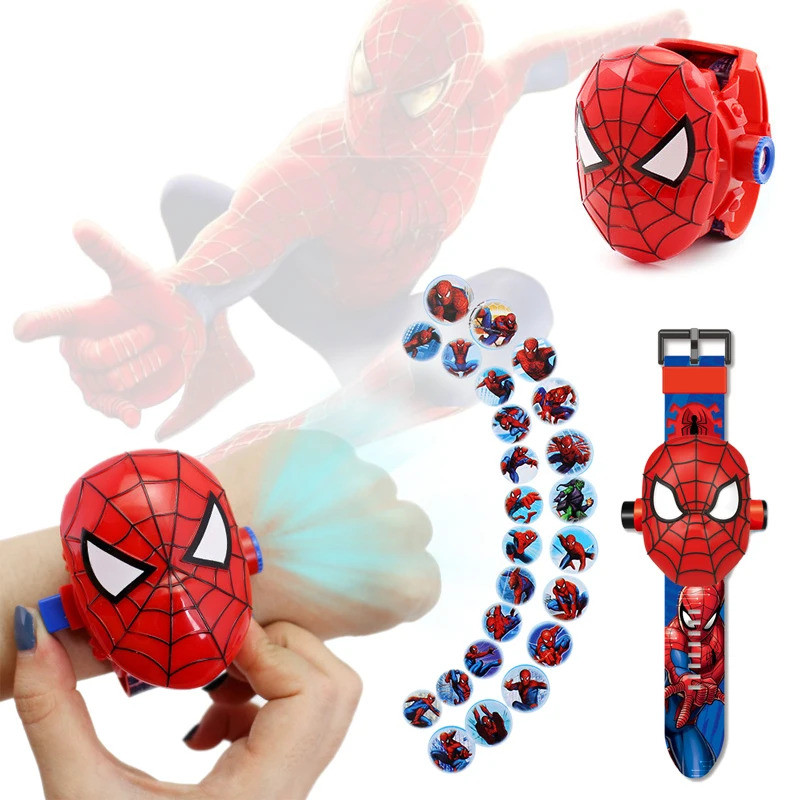 นาฬิกาของเล่นฮีโร่ Spiderman Disney Marvel 24 สไตล์ รูปแบบการ์ตูน โปรเจคเตอร์ นาฬิกาเด็กสำหรับเด็กชายและเด็กหญิง จอแสดงผล LED นาฬิกาดิจิตอล