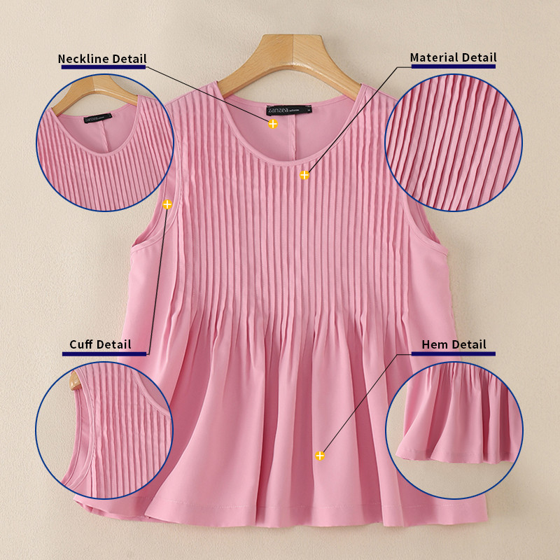 ZANZEA ซานเซีย ผู้หญิงฤดูร้อนเกาหลีลําลองจีบคอวีแขนกุดหลวมถัง - รูปที่ 5