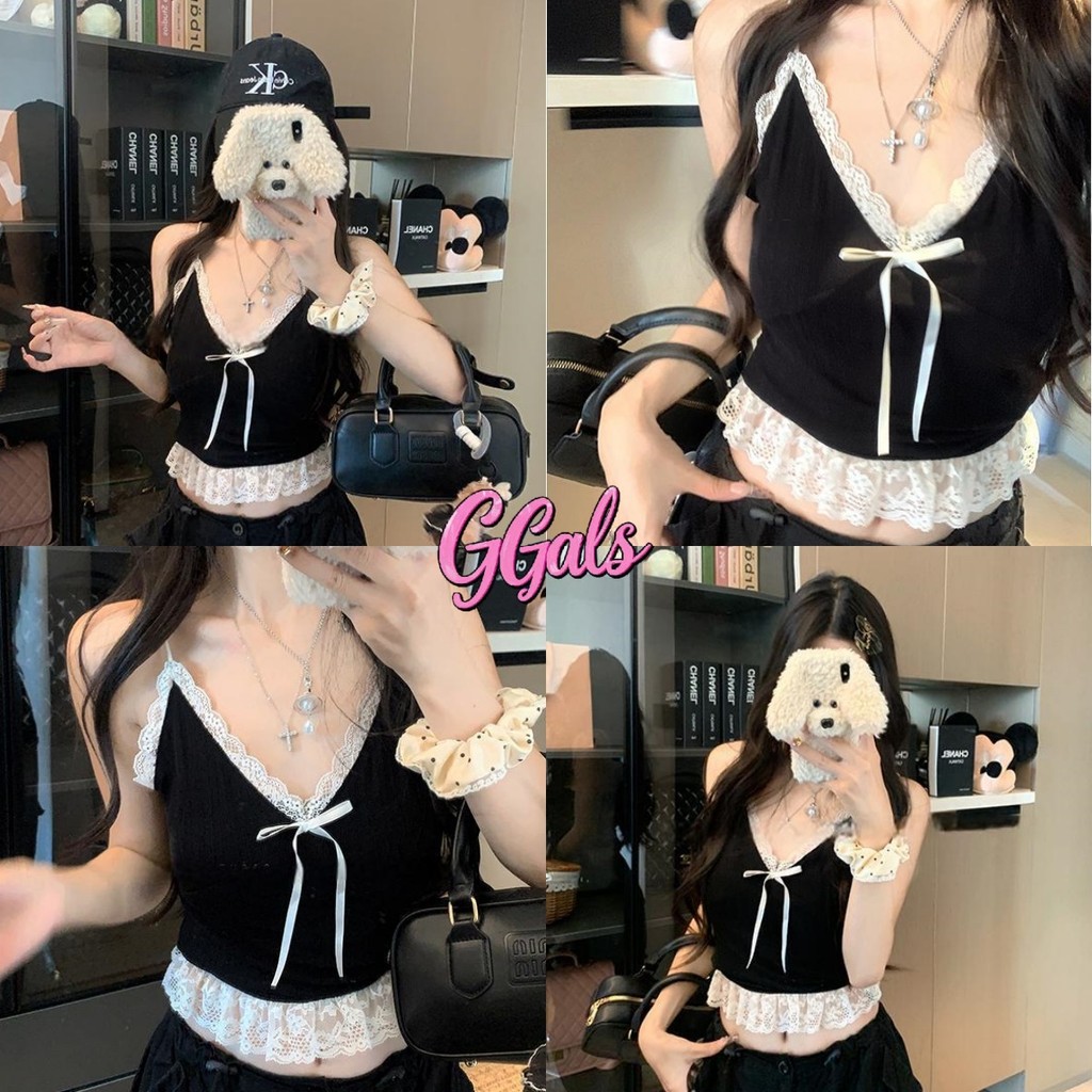 GGals เสื้อสายเดี่ยว คอวี แต่งโบว์ แต่งลูกไม้ ยืดพอดี สายเดี่ยว ทรงสวย ใส่สบาย เท่ๆ พร้อมส่งจากไทย