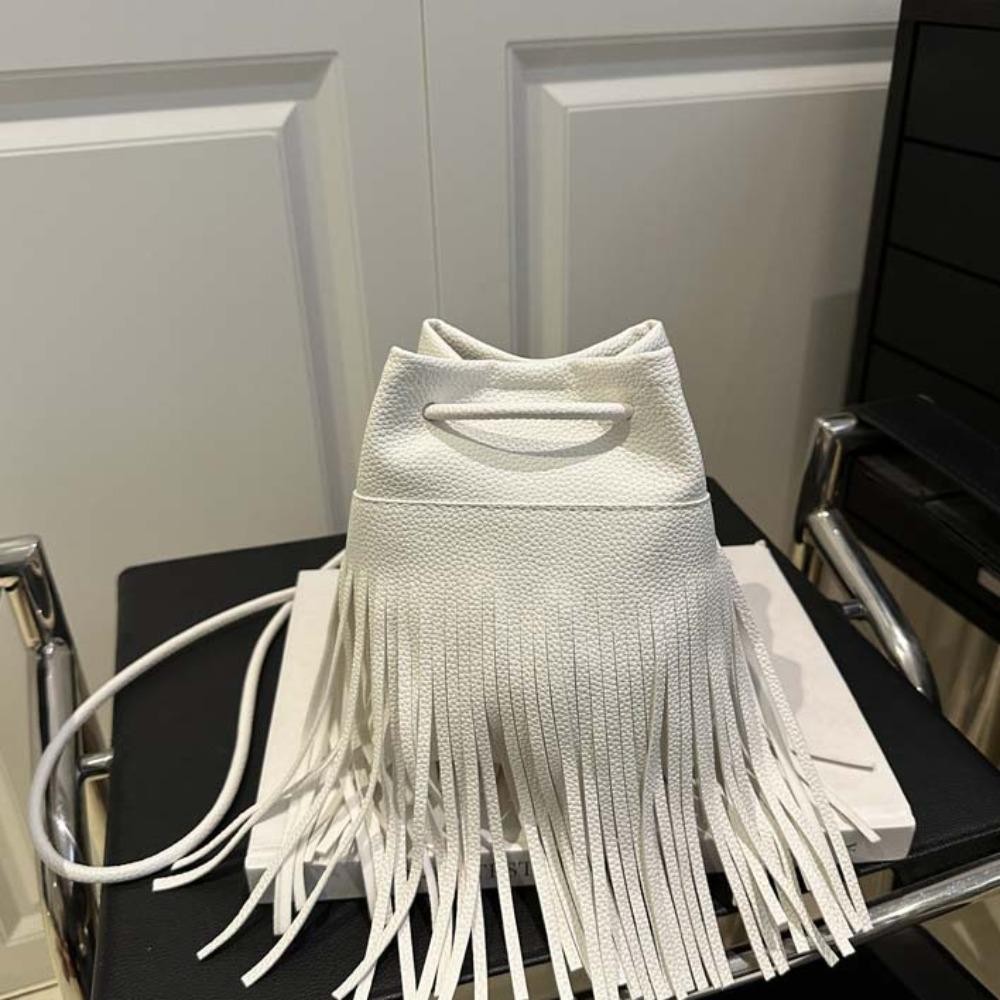Mxmio Tassels Bucket Bag, Elegant Retro Drawstring PU Bag, Crossbody Bag Large Capacity Anti-splash Water Magnetic Button Texture กระเป๋าสะพายไหล่ผู้หญิง
