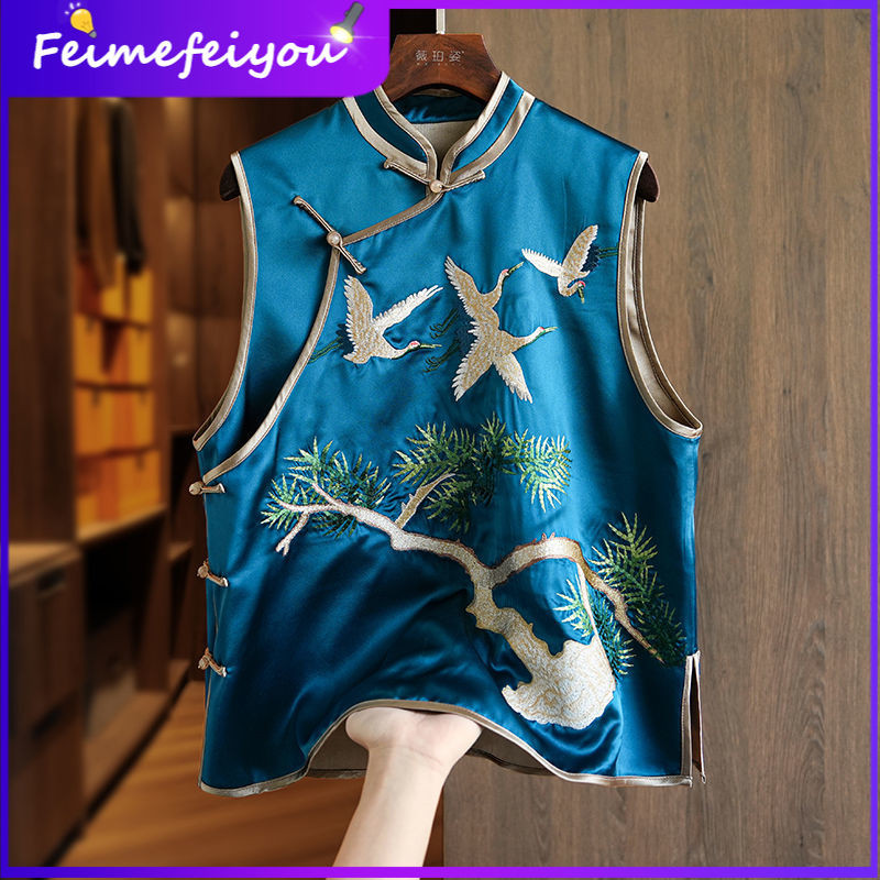 ใหม่สไตล์จีน อภิบาล ออกแบบผู้หญิงย้อนยุคกบปุ่มประณีตเครนเย็บปักถักร้อยซาตินเสื้อกั๊ก