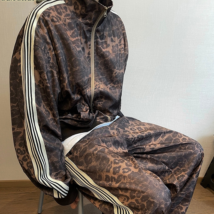 Seachenic Vintage Leopard Print Sports Suit Jacket Mens Printed Striped Jacket Sweatpants