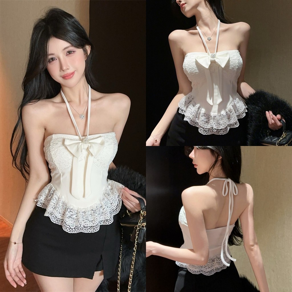 Bonnie เสื้อเกาะอก แต่งสายคล้องคอเพิ่ม สีพื้น มีฟองน้ำ เสื้อครอป สไตล์เกาหลี ใส่สบาย เเฟชั่น เซ็กซี่#FY6612