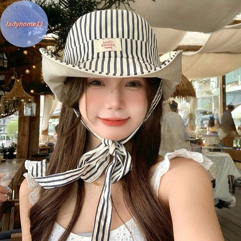 ONELADY หมวกบักเก็ตผ้าฝ้ายแบบพลิกกลับได้ฤดูร้อนกลางแจ้งลายหมวกชาวประมงผู้หญิงปีกขนาดใหญ่หมวกกันแดดชายหาดพับได้ TH