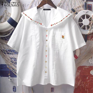 ZANZEA ซานเซีย ผู้หญิงเกาหลีลําลองแขนสั้นเย็บปักถักร้อยพิมพ์เสื้อกระเป๋า