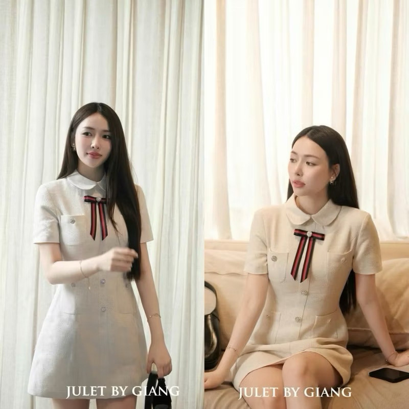 Yealna A67 ชุดราตรี Tex 2 ชั้นพร้อมปุ่ม Rhinestone และโบว์ Thome หรูหรา (แบบสั้น) Yealna A67