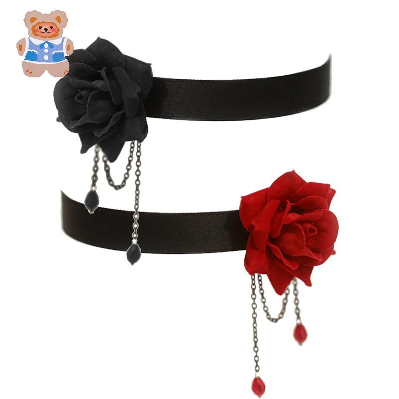 [CRS]สร้อยคอโชคเกอร์ลูกไม้หรูหราย้อนยุคลายดอกกุหลาบและโซ่กระดูกไหปลาร้าโลลิต้าโกธิคสีดํา