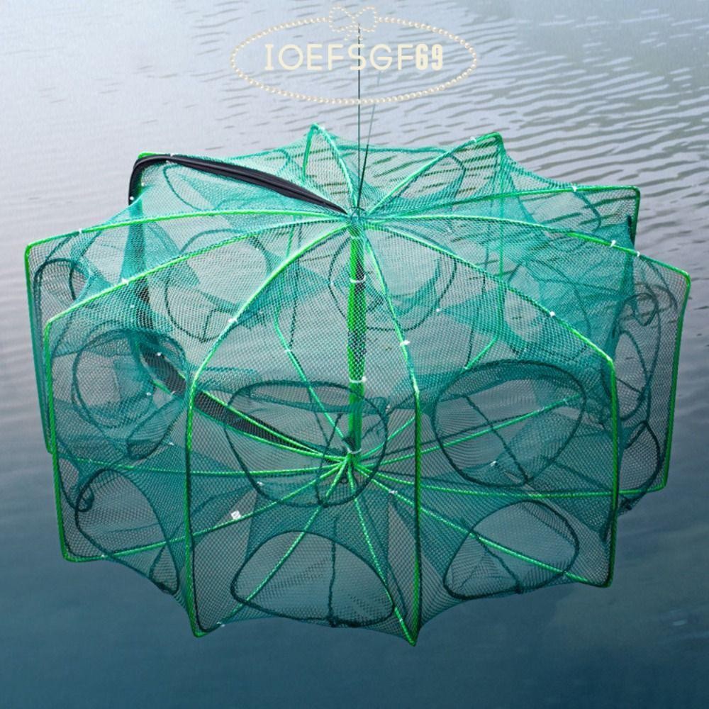 🎣IOEFSGF69 กรงกับดักตกปลาทรงหกเหลี่ยม พับได้ 40 ~ 82 ซม., สีเขียวไนลอน สำหรับตกปลา