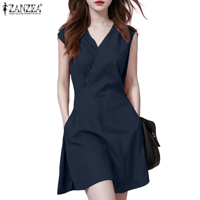 ZANZEA กระโปรงสไตล์เกาหลี ตัดแบบ A-Line มีกระเป๋าถังขนาดเล็กและปุ่มเอียงที่คอกลมย่นเรียบหรู