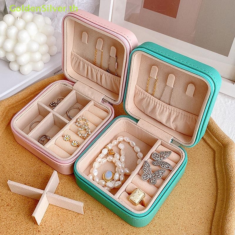 Goldensilver Mini Jewelry Organizer Display Travel Jewelry Zipper Case Boxes Necklace Ring Portable Jewelry Box Flip Top Storage TH