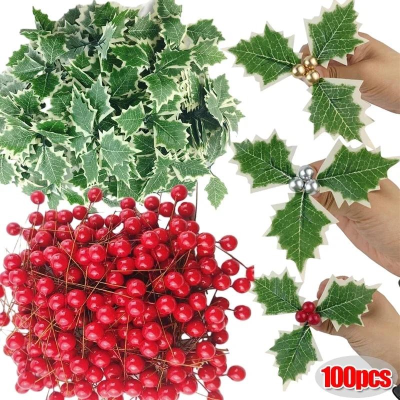 10/100 ชิ้นตกแต่งคริสต์มาส Chirstmas ใบ Berry เครื่องประดับใบไม้ปลอมสําหรับ Xmas Tree DIY Garland พวงหรีดปีใหม่ตกแต่งของขวัญอุปกรณ์เสริม