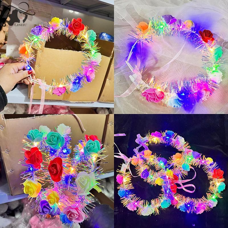 Lishu LED มงกุฎดอกไม้ Fairy 14-LED Light Up ผมดอกไม้ Headpiece ผม Band วันเกิดงานแต่งงาน Luminous th