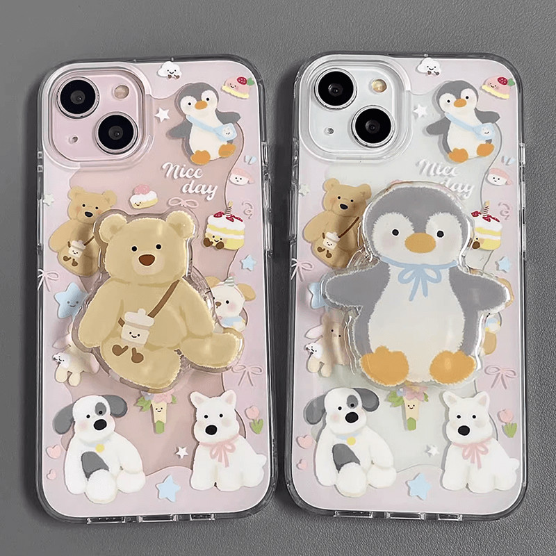 เคส for iPhone 17 Air 16 15 Pro Max 14 13 12 11 ProMax Xsmax Xr Xs X 8+ 7+ 6 6s Plus 6s+ 6+ 7 8 Plus SE 2020 Mini 14Promax 13Promax 12Promax 11Promax Cute Cartoon West Highland Puppy Flower Bow Penguin Stand Clear Soft Phone Case TM 30
