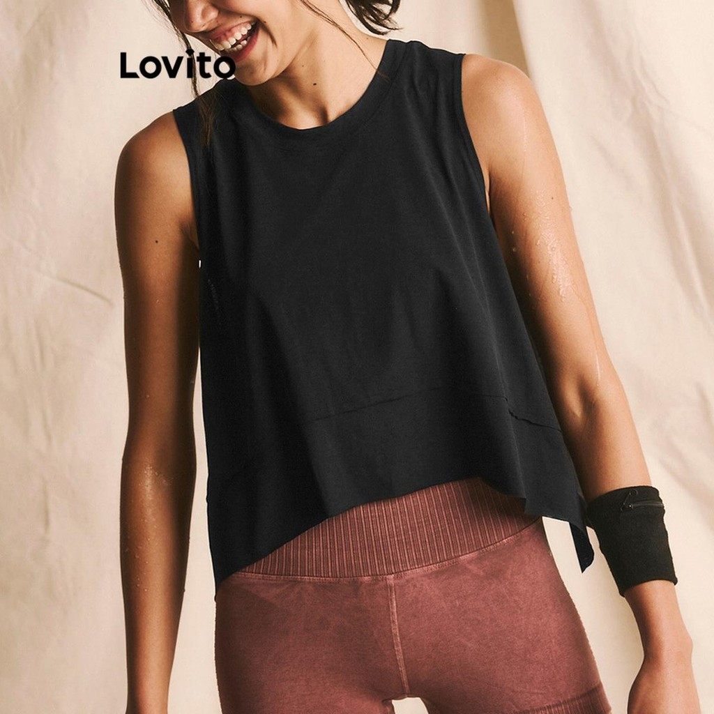 Lovito เสื้อยืดกีฬาสูงต่ำสไตล์สปอร์ตธรรมดาสำหรับผู้หญิง LNL69317