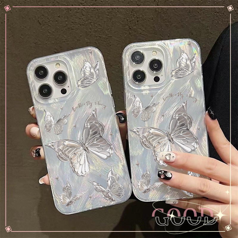GOOD จากประเทศไทย เคส ไอโฟน ขนนกสีเงิน อ่อนนุ่ม TPU สำหรับ iPhone 11 15 12 14 13 Pro Max 14PLUS/15PLUS ผีเสื้อสีเงิน