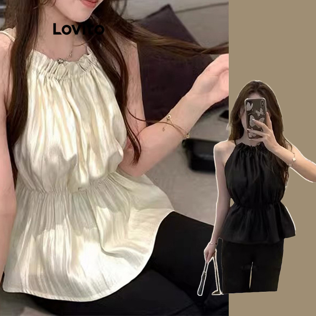 Lovito เสื้อแขนกุดผู้หญิง สไตล์หรูหรา สีพื้น แต่งจีบ รูดเชือก LNE33079 (สีกากี/แอปริคอท/ดำ)