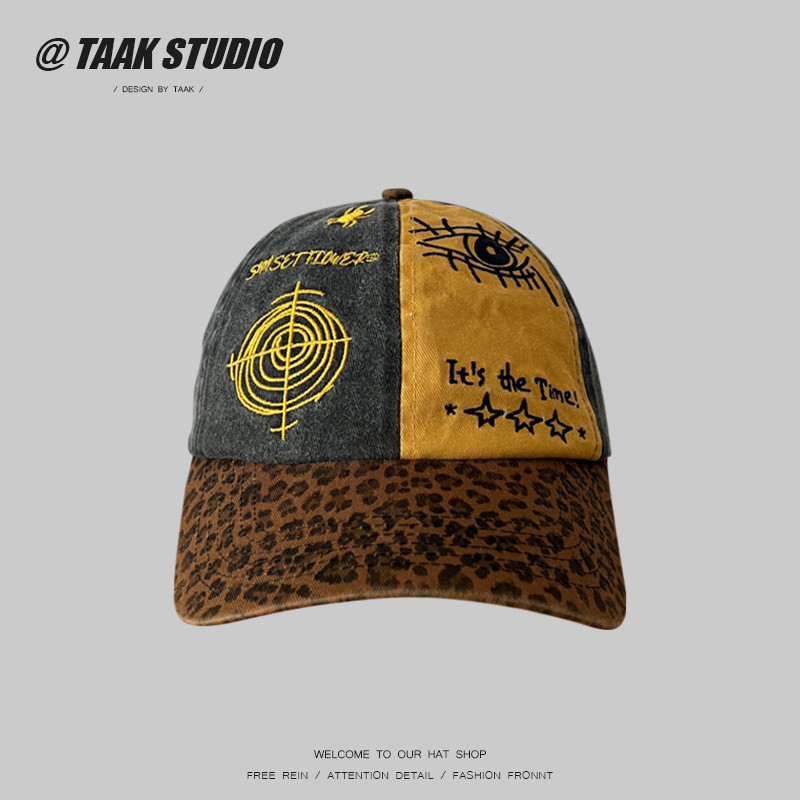 Street Wear Star Niche Retro Leopard Print Color Matching Cap Female Sweet Cool Hot Girl Showing Face Small Street Wash Baseball Cap
