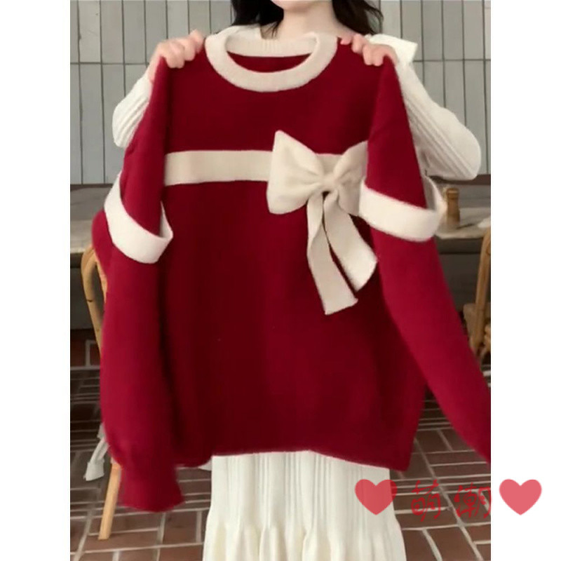 เสื้อกันหนาวouterwearเสื้อแขนยาวคริสต์มาสเสื้อกันหนาวสีแดงคริสต์มาสโบว์เสื้อกันหนาวผู้หญิงฤดูใบไม้ร่วงฤดูหนาวหนาออกแบบnicheสไตล์ขี้เกียจสูง