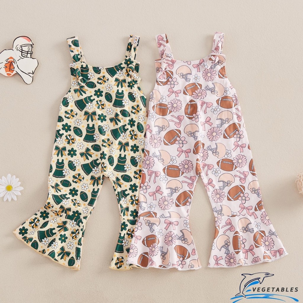 Zhy-kids Girls Bib Overalls ดอกไม้/Rugby พิมพ์แขนกุด Flared Jumpsuit กางเกงแขวนสําหรับเด็กวัยหัดเดิน